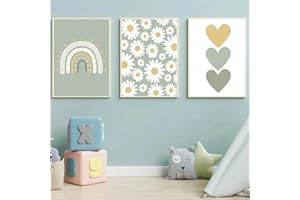 Ueiwffzo Set of 3 Posters for Children's Room, Boho Daisies Rainbow Wall Pictures Children's Room Decoration, Canvas Wall Posters for Children's Room, Without Frame (21 x 30 cm)