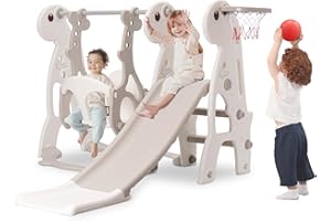 YULEYU Set di scivoli per bambini piccoli, scivolo per bambini da interno con arrampicata, set di gioco autoportante con canestro da basket e altalena regolabile in altezza (grigio)