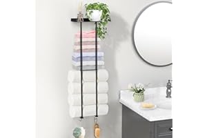 Luxspire Towel Racks Wall Mounted, 2 Tier Bathroom Towel Storage Organizer, 80cm Wall Towel Holder with 4 Hooks & Storage Shelf Large Capacity Rolled Towel Holders for bathrooms En Suite Toilet, Black
