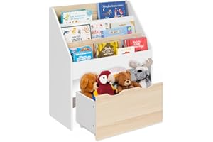 IDMarket - Meuble de Rangement bibliothèque Enfant Mana 3 étagères et 1 bac sur roulettes Blanc et hêtre