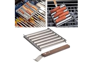 PIPIHOME Grill rolkowy do hot dogów, grill do kiełbasy, 5 hot dogów, 6-rolkowy podgrzewacz z uchwytem, stojak rolkowy do kiełbasy ze stali nierdzewnej (1 zestaw)