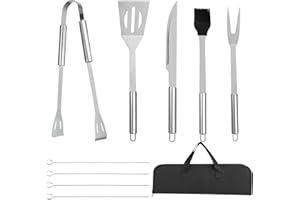 WINDFROMORT 9 Pezzi Set Barbecue in Acciaio Inox - Kit Barbecue con Accessori Barbecue, Spatola, Pinza, Pennello, Spiedini per Giardino, Campeggio, Feste all'Aperto