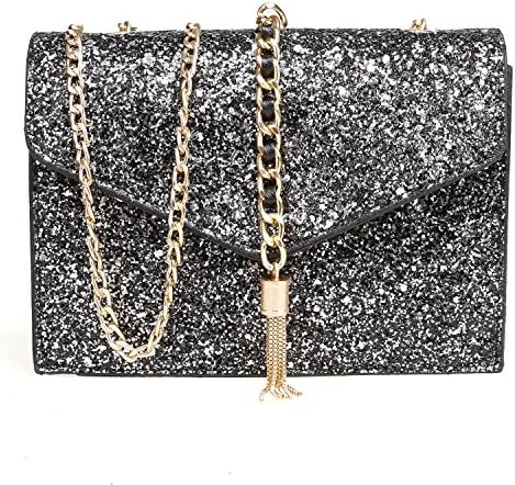 Star Glossy PU leather clamshell Small Square Bag with Metal Tassel Chain Strap lady bags Simple 3 Color Shoulder Messenger Handbags (Black)