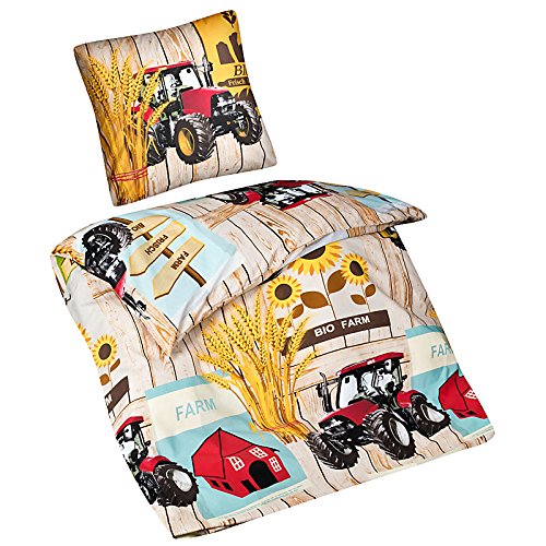 Aminata Kids – coole Jungen-Kinder-Bettwäsche 135×200 roter Traktor Bauernhof Bauer Jungen-&-Mädchen-Bettwäsche-Kinder Baumwolle Reißverschluss - 2