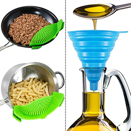 Silikon-Snap-Sieb mit 2 Zusammenklappbaren Trichtern, FineGood Hands-Free Clip-on Hitzebeständiger Colander Pour-Auslauf für Pasta Gemüse-Nudeln Topfschale Pan – Green - 3