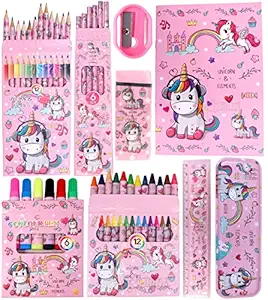 Toyshine 41 Pcs Coloring and Stationery Set Gift for Kids Boys Girls Toddler | Learning Educational Art Craft Indoor Game Gift Present Birthday for 3 4 5 6 7 8 9 Year Old - Unicorn, Pink