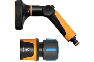 Fiskars Watering Set, 2 Pieces, Multi Spray Gun, 5 Functions, Universal Size, Hose Connection Stop, Universal Size, Diameter 13-15 mm (1/2 - 5/8 Inch), SoftGrip, Black/Orange/Blue, 1065492