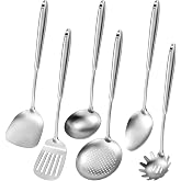 Set Of 6 Stainless Steel Kitchen Utensils | Heat Resistant Includes Spatulas, Ladle, Skimmer and Pasta Spoon, Dishwasher Safe
