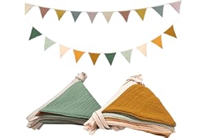 ZOUWEL Wimpelkette Kinderzimmer,Musselin Baumwolle Stoff Wimpelkette,Girlande Kinderzimmer Deko zum Aufhängen, Hausbett Deko Mädchen & Jungen,Wanddeko Geschenk,Babyzimmer Dekoration (Morandi Beige + Grün)