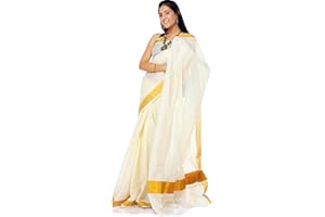 Exotic India Ivory Kasavu Puja Sari from Kerala with Golden Border - Elfenbein