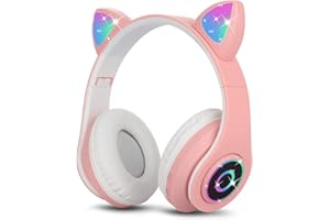 Sendowtek Casque sans Fil pour Enfant avec Microphone Intégré Fonction d'Appel Pliable Écouteurs Casque Bluetooth à Oreilles de Chat LED pour Fille Garçon Adulte Voyage Vacances (Rose)