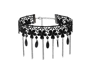 JUSTUSNX Collana in pizzo nero con ciondolo in cristallo con nappa, collana gotica a fiori vuoti e accessori per Halloween per donne e ragazze
