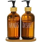 Cam Dispenser Seti &ndash; 2&rsquo;li Amber Şişe (Hands & Dishes Etiketli), Bambu Kapaklı, Sıvı Sabun & Deterjan Pompası