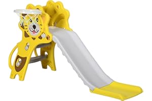 AIYAPLAY Scivolo per Bimbi 18-36 Mesi con Canestro da Basket Laterale, Scivolo in Plastica, 131x50x74 cm, Giallo e Grigio