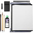 Japanese Calligraphy Set 9 Parts | Shodo Calligraphy Pen (Three Brushes) and Paper, Inkstone and Ink Stick, Non Slip Underlay, Paperweight, with Clear case (Dark Blue Edge/Clear case)