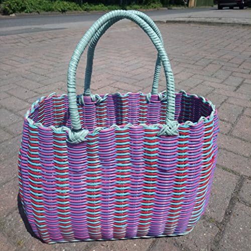 Pink Red Lilac Aqua Shaped Sides Woven Plastic Shopper Retro Picnic Beach Bag Craft Basket