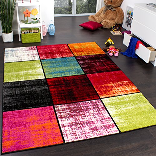 Kids' Rug - Squared Design - Multicoloured - Mottled Red Pink Green Blue, Size:160x220 cm