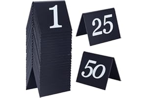 OLYCRAFT 50 letreros acrílicos de números de mesa de estilo tienda de campaña del 1 al 50 números de mesa negros de doble cara, letreros acrílicos de 5,3 x 6,3 x 4,9 cm para bodas, banquetes,