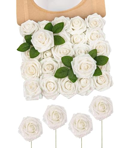 Petallica Full Glittered Foam Roses - Artificial Flowers, Bling Glittery Shiny Fake Silk Bouquet - UK Made