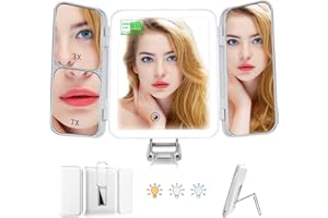 Accwork Espejo Maquillaje con Luz, 64 Leds 3 Colores Espejo Aumento Plegable 1X/3X/7X, Espejo de Mesa con Pantalla Táctil, Stepless Dimming Espejo Cosmético Portátil Recargable para Viaje
