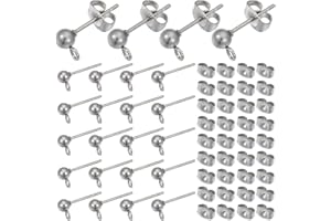 SOFPLATE 1 Box 100Pcs Ball Stud Earring Finding Hypoallergenic Earring Posts Silver Stainless Steel Ear Studs with Butterfly Ear Back and Loop Round Earring Posts for DIY Jewellery Making Supplies