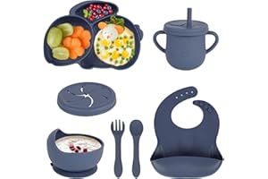Hainue 7-teiliges Kindergeschirr Baby-Teller Set Kinderteller mit Saugnapf, Teller Lätzchen Schüssel Löffel Gabel Baby Trinkbecher Silikon Babyteller Kinderteller Set BPA Freie