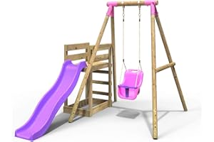 Rebo® Wooden Swing Set Plus Deck and Slide - Pluto Pink | OutdoorToys | Kids' Outdoor Wooden Play Equipment for Gardens, Frame and Accessories Included, Weather Resistant