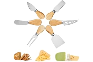 MANQYI 6 Piezas Mango de Madera Cuchillo para Queso, Juego de Cuchillos de Queso, Cuchillo de Mantequilla, Inoxidable con Mango de Madera para Tarta, Postre, Ensalada de Queso