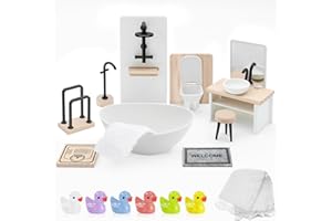 AOPIER 16PCS Miniature Dollhouse Bathroom Furniture Set, Wooden Mini Furniture Doll Room Toilet Bathtub Scene Decorations for Kids Birthday