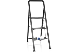 hjh OFFICE Escalera Plegable 3 Peldaños Solid W6 Escalera de Aluminio con Pasamanos, Peso Máximo 150 kg, Negro, 801206