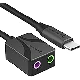 SABRENT USB-C Externe Soundkarte mit 24-Bit/96KHz Hi-Res Sound, USB Typ-C auf 3,5-mm-Klinke, Zwei Buchsen für Mikrofon und St