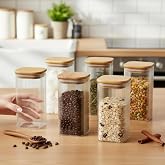 Deconox 6'lı Set 425 ml Bambu Kapaklı Kare Cam Kavanoz - 6x12 cm Vakumlu Uzun Boy Şeffaf Erzak Kabı Kahve &Ccedil;ay Baharatlık ve M