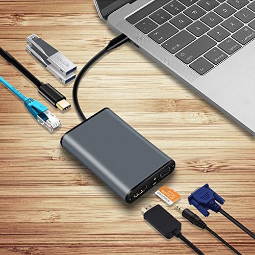 USB-C Hub Multiport Adapter to HDMI 4K 30Hz, VGA, Audio Jack, 1000M Ethernet RJ45, 2 USB 3.0 Ports, TF Card Slot, Type-C Power Delivery Port for Macbook Pro Huawei Matebook Dell XPS 13 15 Lenovo Laptop and more