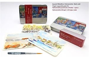 Papier aquarelle grain fin 30 cartes postale en coffret métal de Hahnemühle,230g/m²,(10.5 x 14.8cm) + Mini da vinci