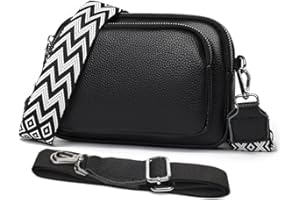 YILCER Crossbody Bag for Women, Small Leather Cross Body Bag Ladies Camera Handbag, Pom Pom London Bags Shoulder Bag with Changeable Guitar Wide Strap (2 Shoulder Straps) (A-Black)