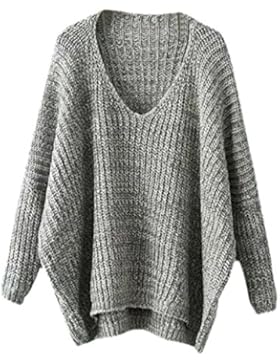 ROMWE Damen Pullover V-Ausschnitt mit Fledermaus-Ärmel Übergroß Strick Strickpullover