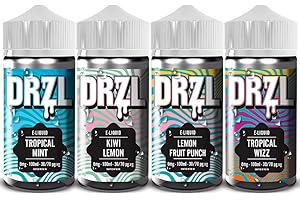 DRZL Vape Liquid, 4 x 100ml, Vape Juice, E Cigarette, For Vape Kits, Vape Gifts, Sub Ohm, Ecig, No Nicotine, Shortfill, Premium [Tropical Mint+Kiwi Lemon+Lemon Fruit Punch+Tropical Wizz] Flavour E Liquid