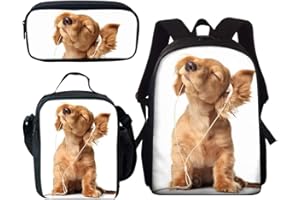 AMZBEAUTY Cute Dog Print Backpack with Lunch Bag Pencil Case for Kids Boys Girls Teens Cool School Book Bag Set