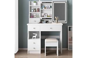 Saalu Schminktisch mit LED-Beleuchtung Spiegel,einstellbare Helligkeit, Schminktisch mit Hocker，Frisiertisch mit 5 Schubladen und 3 Ablagen, Modern Kosmetiktisch aus Holz, Weiß (T68)