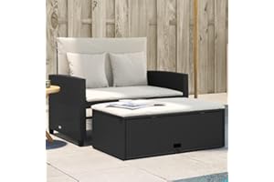 Amorsee Sofá de jardín de 2 Plazas con Reposapiés de Almacenaje, Sofa Jardin Terraza, Sofas De Terraza, Muebles Jardin Exterior con Respaldo Inclinable y Cojines, Negro,Blanco Crema
