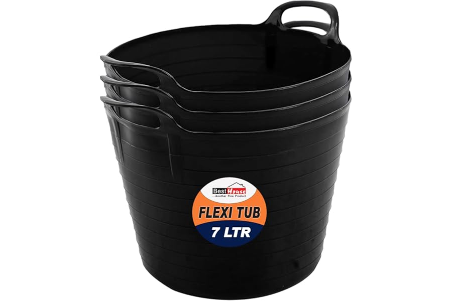 Best House | 3 Pcs of Flexi Tub with Handles | Small Size | Mini | 7 Litres | Black | Garden Tubs | Plastic Storage Container for Home, Washing, Garden Waste and DIY Projects