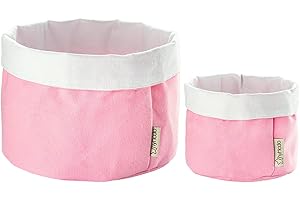 myHodo Lot de 2 Paniers de Rangement en Tissu (23x20, 20x17 cm) 100% Coton pour Bébé, Commode à Langer et Cuisine, Boîte de Rangement Pliable, Corbeille Ronde Tissu, Banneton, Sac à Pain (Rose)