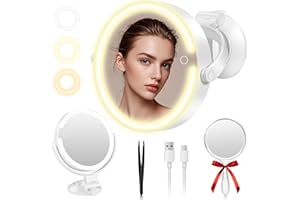 NZQXJXZ Lusterko do makijażu z oświetleniem, lusterko powiększające 10 x 1 x ze światłem, ładowalne lusterko kosmetyczne, obrót o 360°, 3 tryby świecenia i ściemnianie dotykowe, lustro z przyssawką do