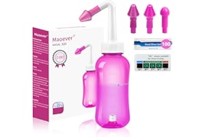 MAOEVER Neti Pot Sinus Rinse Bottle with 100 Nasal Wash Salt Packets Nose Wash Cleaner Pressure Rinse Nasal Irrigation for Adult & Kid BPA Free 300 ML with Sticker Thermometer(Pink)
