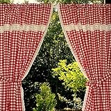 rot-weiß karierte Küchengardine 2 Schals Bauernkaro mit Klöppelspitze