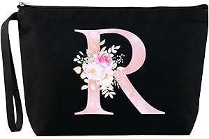 Blisswave Trousse de Toilette A-Z, Cadeaux Personnalisés pour Femmes, Fille, Maman et Amies, Noël, Anniversaires, Petite Trousse Maquillage Roses Élégante et Mignonne, Ornée de Vos Initiales (Noir)