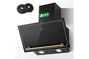 SNDOAS Dunstabzugshaube 60cm, Abzugshaube mit A+++ Energieeffizienz, Abluft/Umluft, 400 m³/h, 3 Stufen + Booster, Wandhaube mit Aktivkohlefilter, Gehärtetes Glas Touchscreen und LED, Schwarz/Gold