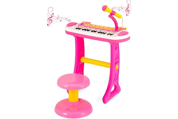 DREAMADE Jouet Piano Electronique à 31 Touches avec Tabouret, Équipé de Microphone et Lumières, 8 Tonalités et 8 Rythmes, Volume Réglable, 2 Modes d’Alimentation (Rose1)