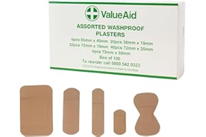 Value Aid Assorted Washproof Plasters - Pack of 100 Individually Wrapped Hypoallergenic, Latex-Free Adhesive - 5 Popular Sizes for First Aid Kit & On-The-Go Medical Supplies