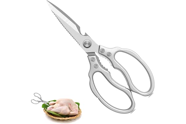 Ciseaux de Cuisine Robuste,5 en 1 Professionnel en Acier Inoxydable,Poignée Ergonomique et Lames en Titane,avec Fonction Dentelée,pour Maison,Viande,Verdure,Poulet,Poisson,Herbe,Noix,Peef,Argent